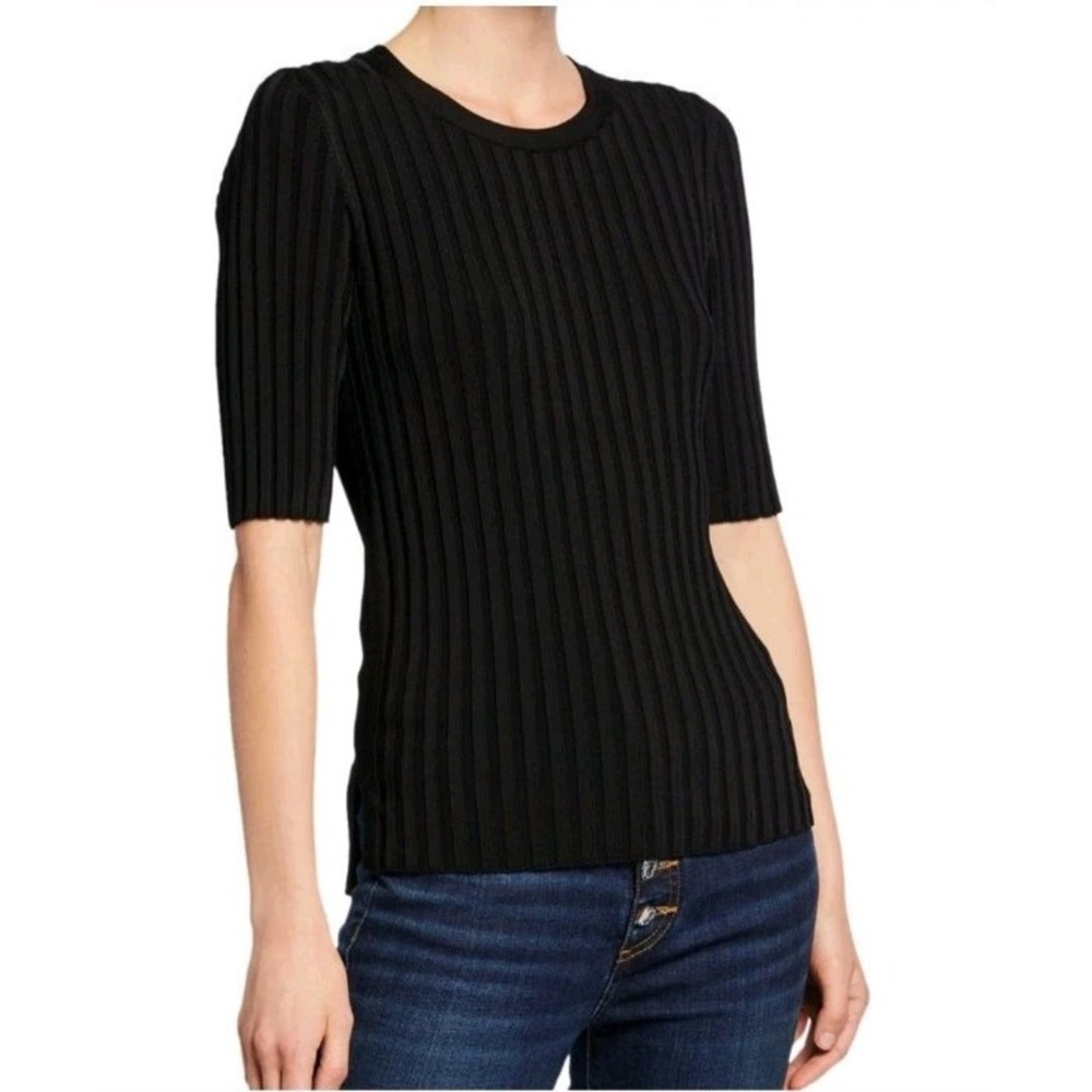 Veronica Beard Top Dillon Black Ribbed Knit Sz XS Crewneck Pullover Stretch NWOT